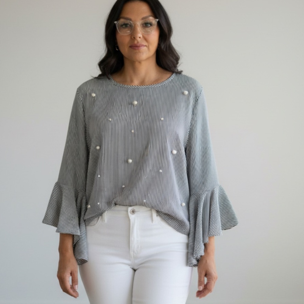 Striped Ruffle‎ Sleeve Top with Pearls